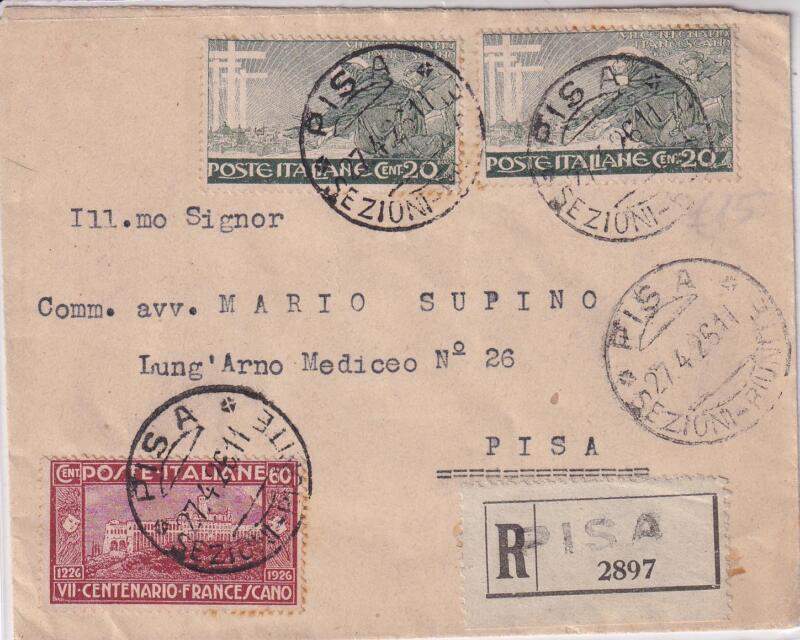 Storia postale. Raccomandata da Pisa R 2897 del 27/04/1926 a Pisa 27/04/1926