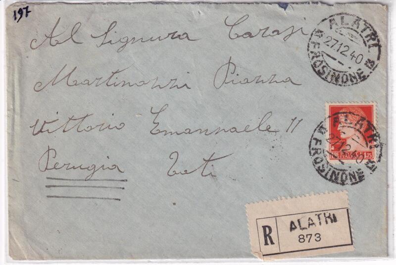Storia postale. Raccomandata da Alatri R 873 del 27/12/1940 a Perugia 28/12/1940