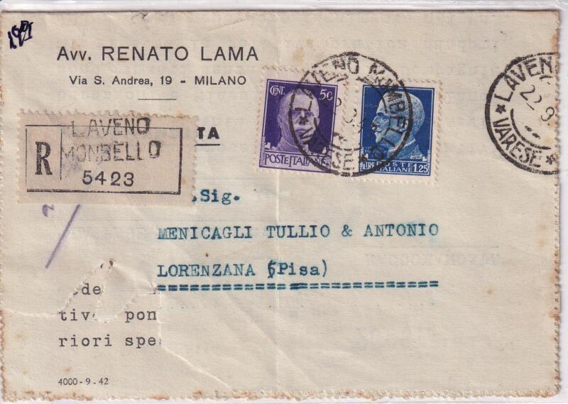 Storia postale. Raccomandata da Laveno Monbello (Mombello) R 5423 del 22/09/1940 a Lorenzana (Pisa)