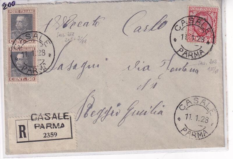 Storia postale. Raccomandata da Casale Parma R 2359 del 11/01/1928 a Reggio Emilia 12/01/1928