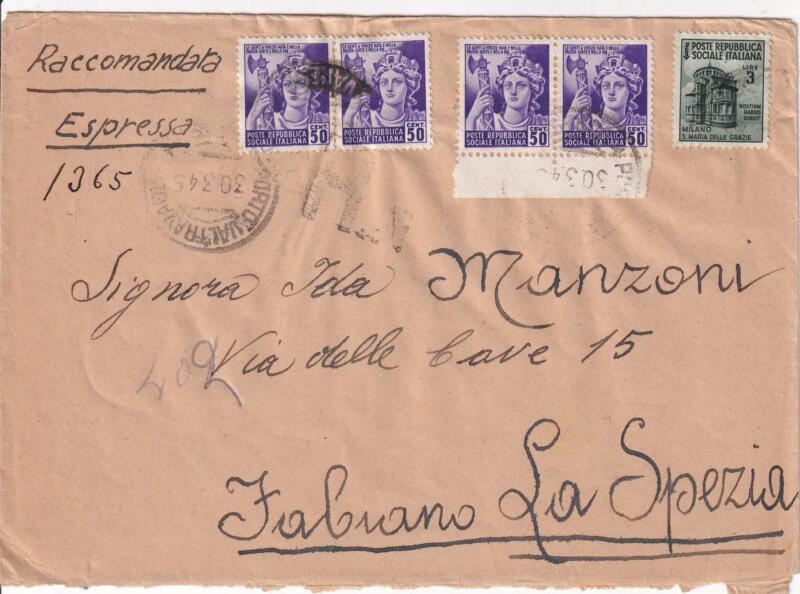 Storia postale. Raccomandata Espresso 1365 da Porto Valtravaglia 30/03/1945 a La Spezia