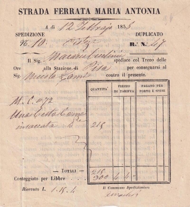 Lettera di viaggio Da Pistoia a Pisa 12 febbraio 1885