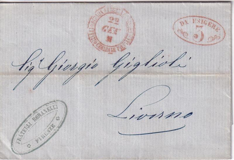 Prefilatelica. Strada Ferrata 22 GEN M da Firenze a Livorno  3580