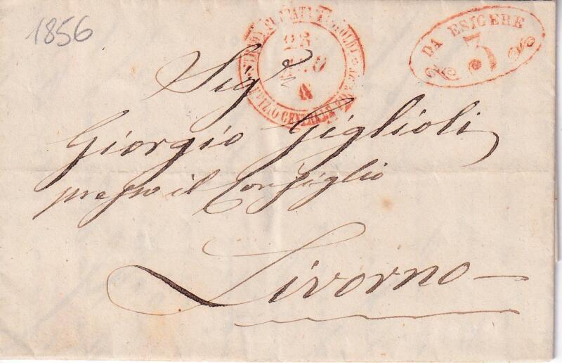 Prefilatelica. Strada Ferrata Leopolda da Firenze 23 AGO (1856) a Livorno 3566. Contiene lo scritto