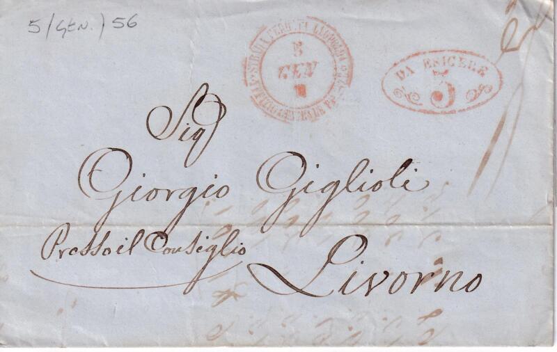 Prefilatelica. Strada Ferrata Leopolda da Firenze 5 GEN M (1856) a Livorno 3562. Contiene lo scritto