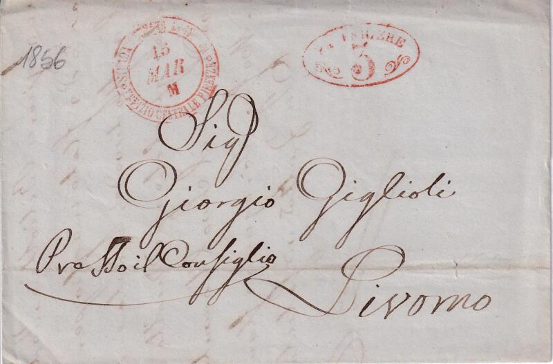Prefilatelica. Strada Ferrata Leopolda da Firenze 15 MAR M (1856) a Livorno 3549. Contiene lo scritto