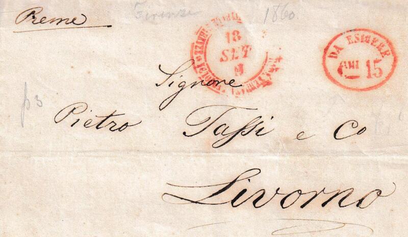 Prefilatelica. Strada Ferrata Leopolda da Firenze 18 SET 1860 a Livorno. Contiene lo scritto