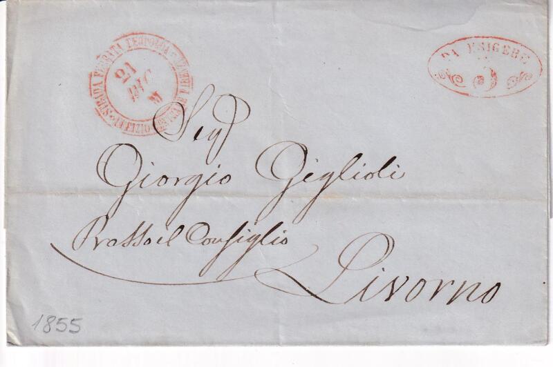 Prefilatelica. Strada Ferrata Leopolda da Firenze 21 DIC M (1855) a Livorno 3581. Contiene lo scritto