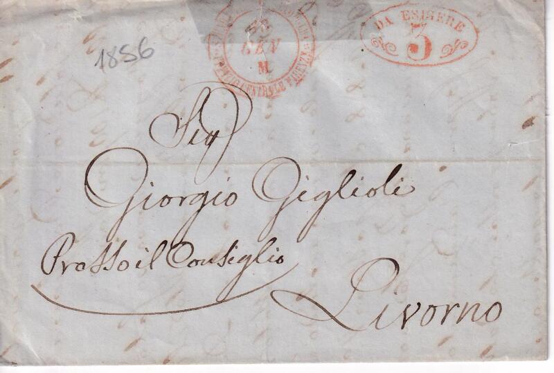 Prefilatelica. Strada Ferrata Leopolda da Firenze 18 GEN M (1856) a Livorno 3509. Contiene lo scritto