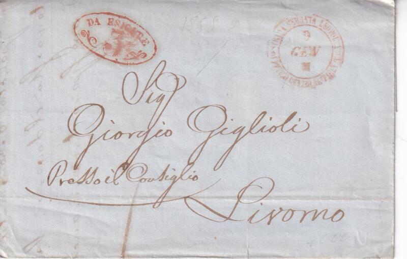 Prefilatelica. Strada Ferrata Leopolda da Firenze 9 GEN 1856 a Livorno  3520. Contiene lo scritto