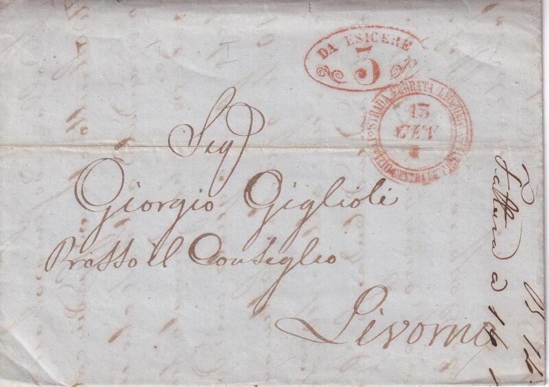 Prefilatelica. Strada Ferrata Leopolda da Firenze 12 GEN (1856) Primo treno per Livorno 3545. Contiene lo scritto