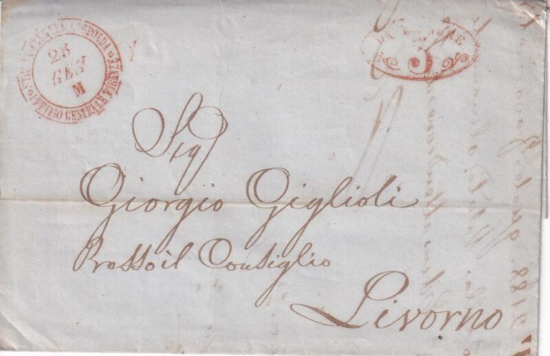 Prefilatelica. Strada Ferrata Leopolda da Firenze 25 GEN M (1856) a Livorno  3486. Contiene lo scritto