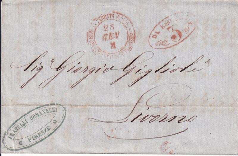 Prefilatelica. Strada Ferrata Leopolda da Firenze 25 GEN M (1856) a Livorno 3582. Contiene lo scritto