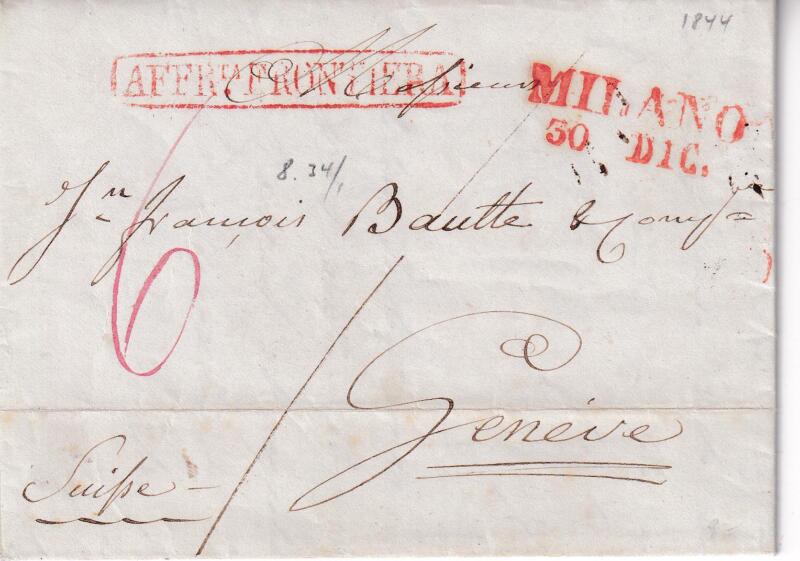 Prefilatelica. Lettera da Milano 30 DIC (1844) a Ginevra 2 JANV (1845). Contiene messaggio