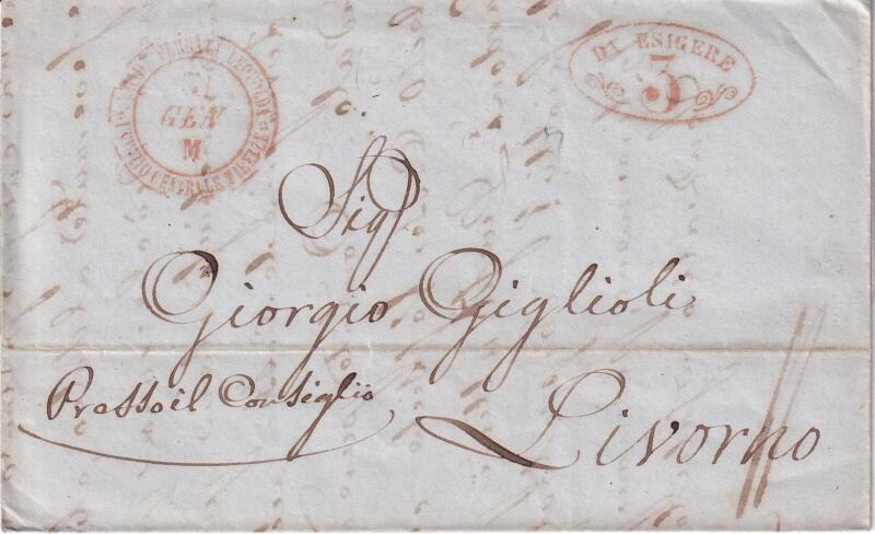 Prefilatelica. Strada Ferrata Leopolda da Firenze 31 GEN M (1856) a Livorno  3511. Contiene lo scritto