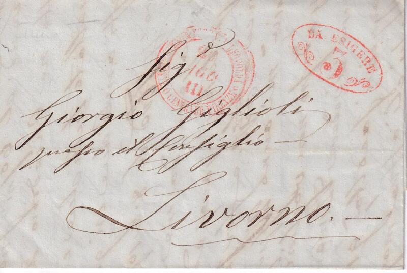 Prefilatelica. Strada Ferrata Leopolda da Firenze 20 AGO 1857 a Livorno 3565. Contiene lo scritto