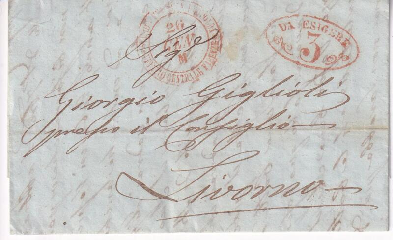 Prefilatelica. Strada Ferrata Leopolda da Firenze 26 GEN M (1854) a Livorno 3570. Contiene lo scritto