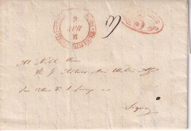 Prefilatelica. Strada Ferrata Leopolda da Firenze 5 APR M (1857) a Signa 3531. Contiene lo scritto