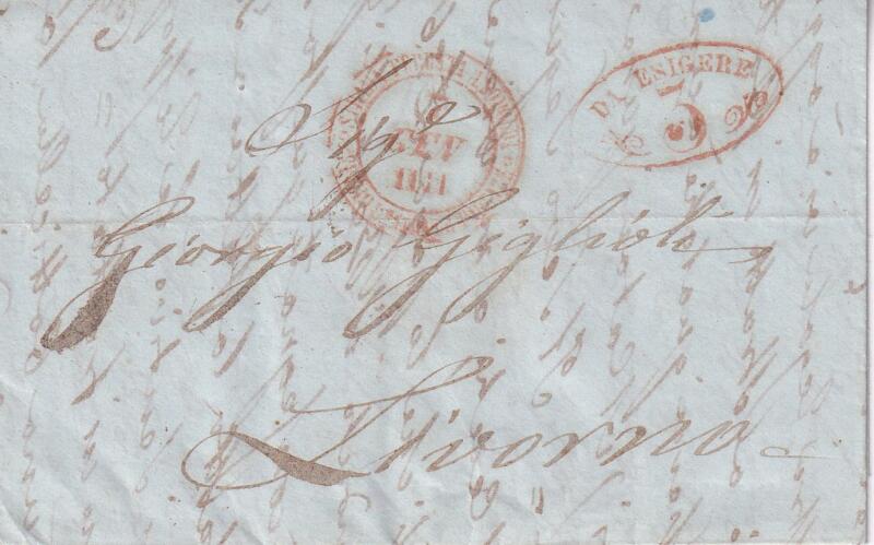 Prefilatelica. Strada Ferrata Leopolda da da Firenze 7 GEN IIII (1856) a Livorno 3567. Contiene messaggio