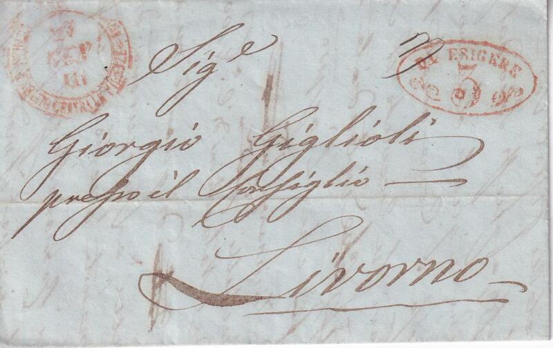 Prefilatelica. Strada Ferrata Leopolda da Firenze 27 GEN III (1856) a Livorno 3587. Contiene lo scritto