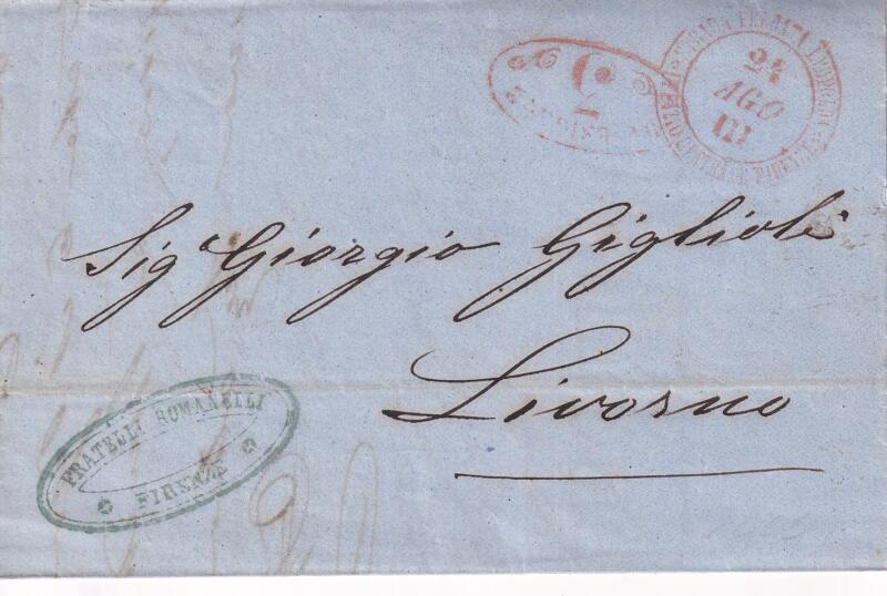 Prefilatelica. Strada Ferrata Leopolda da Firenze 24 AGO III (1857) a Livorno 3485. contiene lo scritto