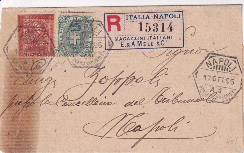 Storia postale Raccomandata da Napoli 17/10/1895 a Napoli (Cancelleria del Tribunale)