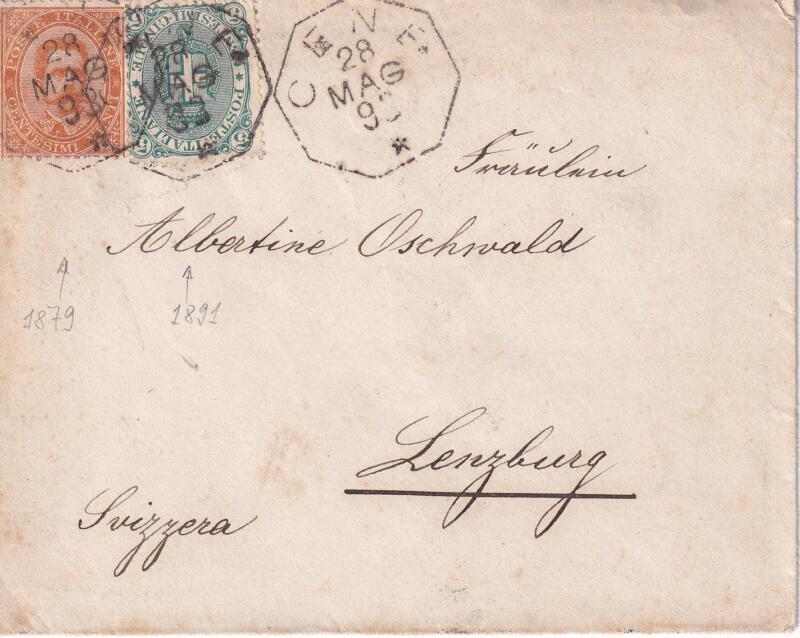 Storia postale Lettera da Cene 28/05/1893 a Lenzburg (Svizzera) 30/05/1893