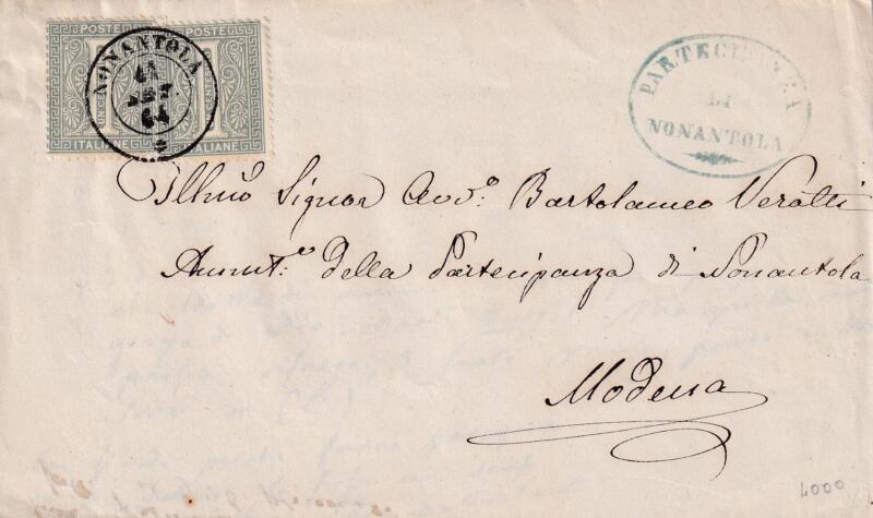 Storia postale Lettera da Nonantola 12/09/1864 a Modena 12/09/1864