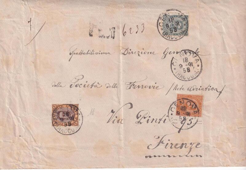 Storia postale Raccomandata da Genova R 6233 del 18/06/1891 a Firenze 20/06/1891