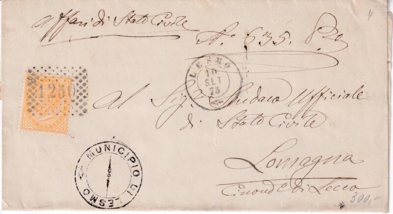 Storia postale Lettera da Lesmo 10/09/1875 a Lomagna 10/09/1875