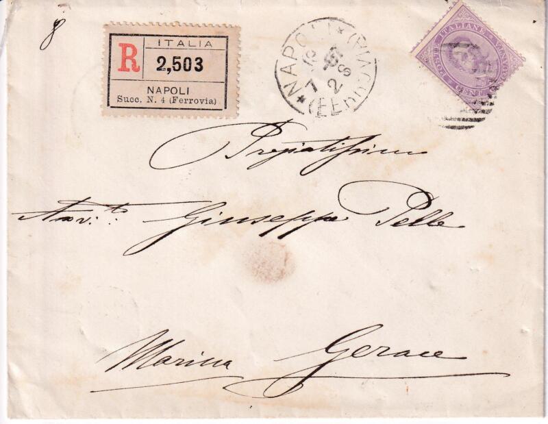 Storia postale Raccomandata da Napoli R 2,503 10/07/1887 a Gerace Marina 14/07/1887