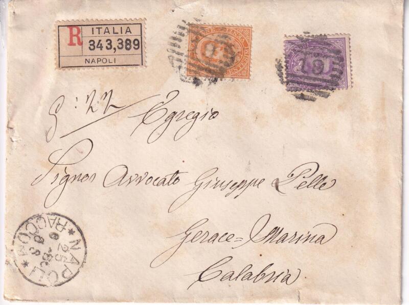 Storia postale Raccomandata Assicurata da Napoli R 343,389 del 25/06/1886 a Gerace Marina 27/06/1886
