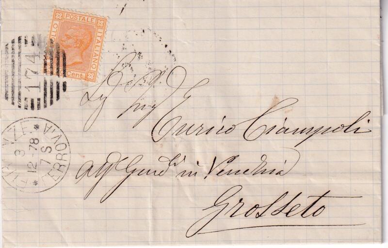 Storia postale Lettera da Firenze 03/12/1878 a Grosseto 04/12/1878