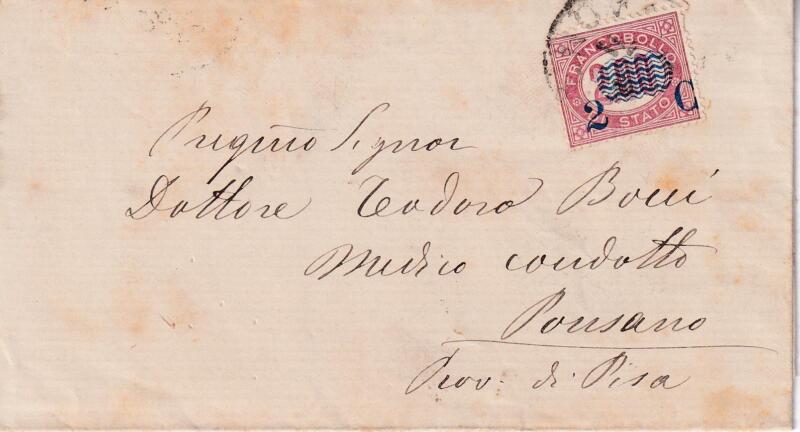 Storia postale Lettera di Servizio da Pisa 02/04/1880 a Ponsacco 03/04/1880