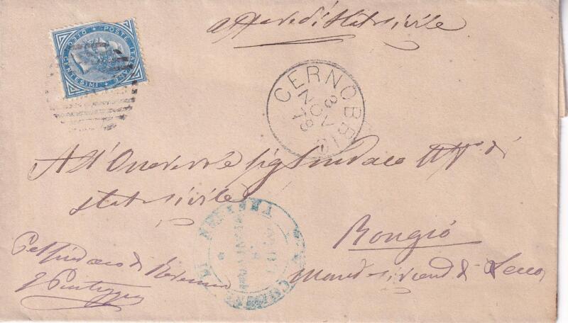 Storia postale Natante Colico / Como da Cernobbio 03/11/1878 a Rongio 04/11/1878