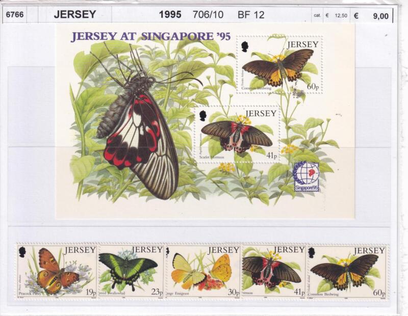 Francobolli e Foglietto Jersey, Anno 1995, Fauna Farfalle (cat. n. 706-710, BF n. 12)