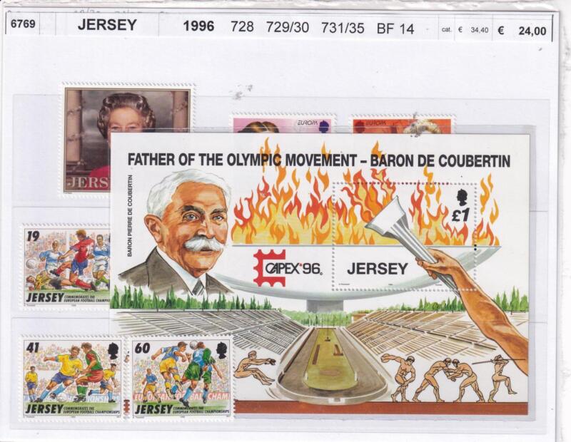 Francobolli e Foglietto Jersey, Anno 1996, Varie emissioni (cat. n. 728, n. 729-730, n. 731-735, BF n. 14)