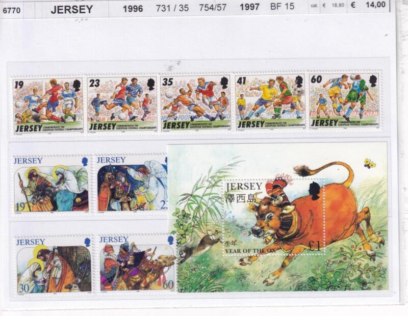 Francobolli e Foglietto Jersey, Anni 1996 e 1997, Varie emissioni (cat. n. 731-735, 754-757, BF n. 15)
