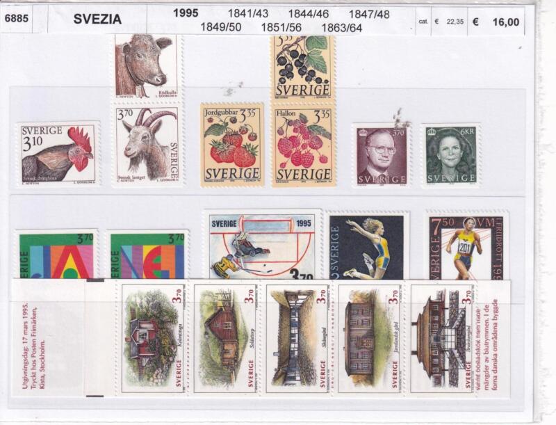Francobolli e Libretto Svezia, Anno 1995, Varie emissioni (cat. nn. 1841-1843, nn. 1844-1846, nn. 1847-1848, nn. 1849-1850, nn. 1851-1856, nn. 1863-1864, n. 1880)