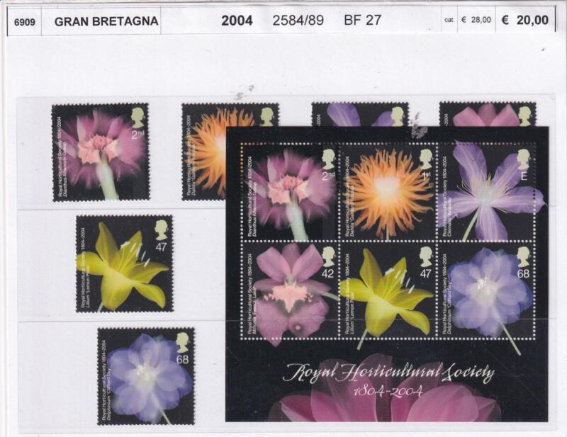 Francobolli e Foglietto Gran Bretagna, Anno 2004, Bicentenario Royal Horticultural Society (cat. n. 2584-2589, BF n. 27