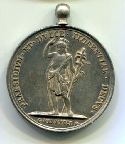 Medaglia celebrativa. LEOPOLDO II M.E.D. PIO MUNIFICO CLARO OB MULTA IN SE COLLATA BENEFICIA S. IO. BAPTISTAE SICII HONORANDIS - AN. MDCCCXXVIII. Praesidium et dulce Florentiae decus. Opus Nannucci