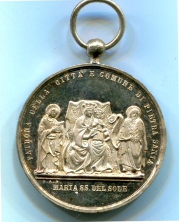 Medaglia celebrativa Maria SS del Sole Patrona della Città e Comune di Pietra Santa. Metallo bianco Opus Appiccagnolo A.D. dam 38