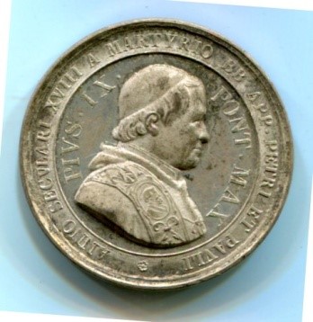 Medaglia commemorativa. Pio IX PONT. MAX. ANNO SECULARI XVIII A MARTYRIO BB. APP. PETRI ET PAULI. Metallo bianco Dam 35 Scult Donati