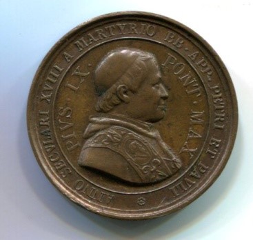 Medaglia commemorativa. Pio IX PONT. MAX. ANNO SECULARI XVIII A MARTYRIO BB. APP. PETRI ET PAULI. Bronzo Diam. 35 Opus Donati