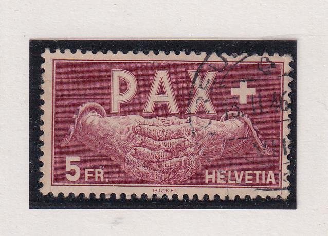 Francobollo Svizzera, Anno 1945, Serie della Pace, Franchi 5 vinaceo su paglia (cat. n. 416)