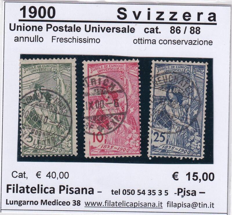 Francobolli Svizzera, Anno 1900, Serie completa 25esimo anniversario Unione Postale Universale (cat. nn. 86-88)