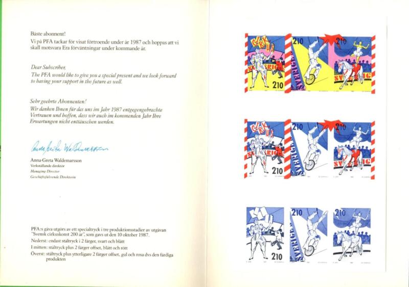 Francobolli Svezia Anno 1987 Serie Bicentenario del circo FOLDER omaggio agli abbonati