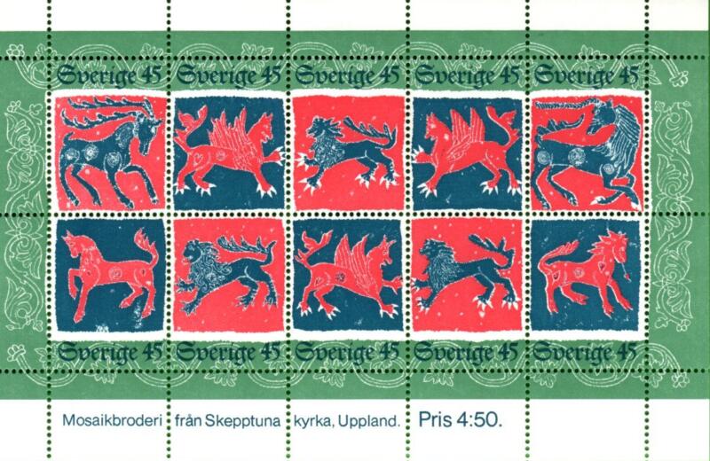 Foglietto Svezia Anno 1974 Natale. Grandi ricami in lana del XV e XVI secolo rappresentanti animali (BF 6)