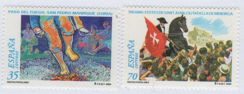 Francobolli Spagna Anno 2000 Feste popolari Cammino sui carboni accesi di S. Pedro Manrique e settimo centenario della festa di S. Giovanni (cat. n. 3286-3287)