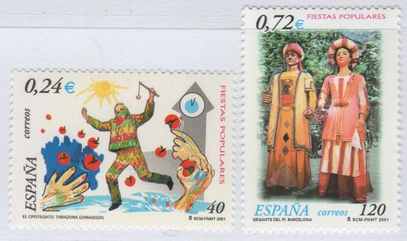 Francobolli Spagna Anno 2001 Feste popolari Cipotegato consacrazione di una chiesa Taragona e i giganti Mustafà e Elisenda Barcellona (cat. n. 3376-3377)